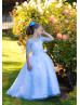 Blue Lace Tulle Keyhole Back Flower Girl Dress With Butterflies